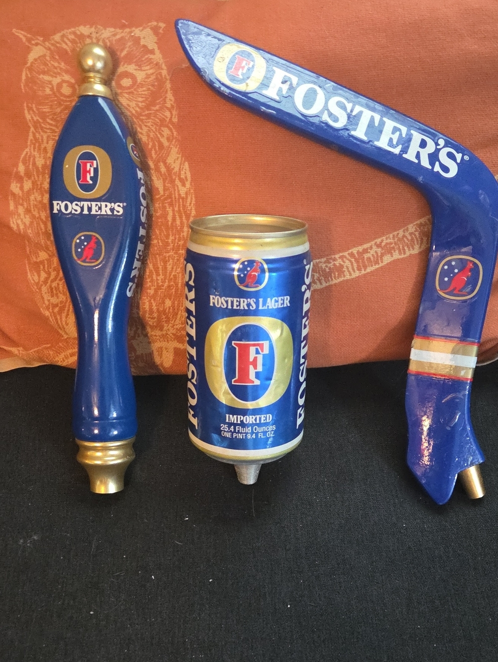 Foster's Tap Handles. Classic Oil Can and Boomerang. Lot of 3